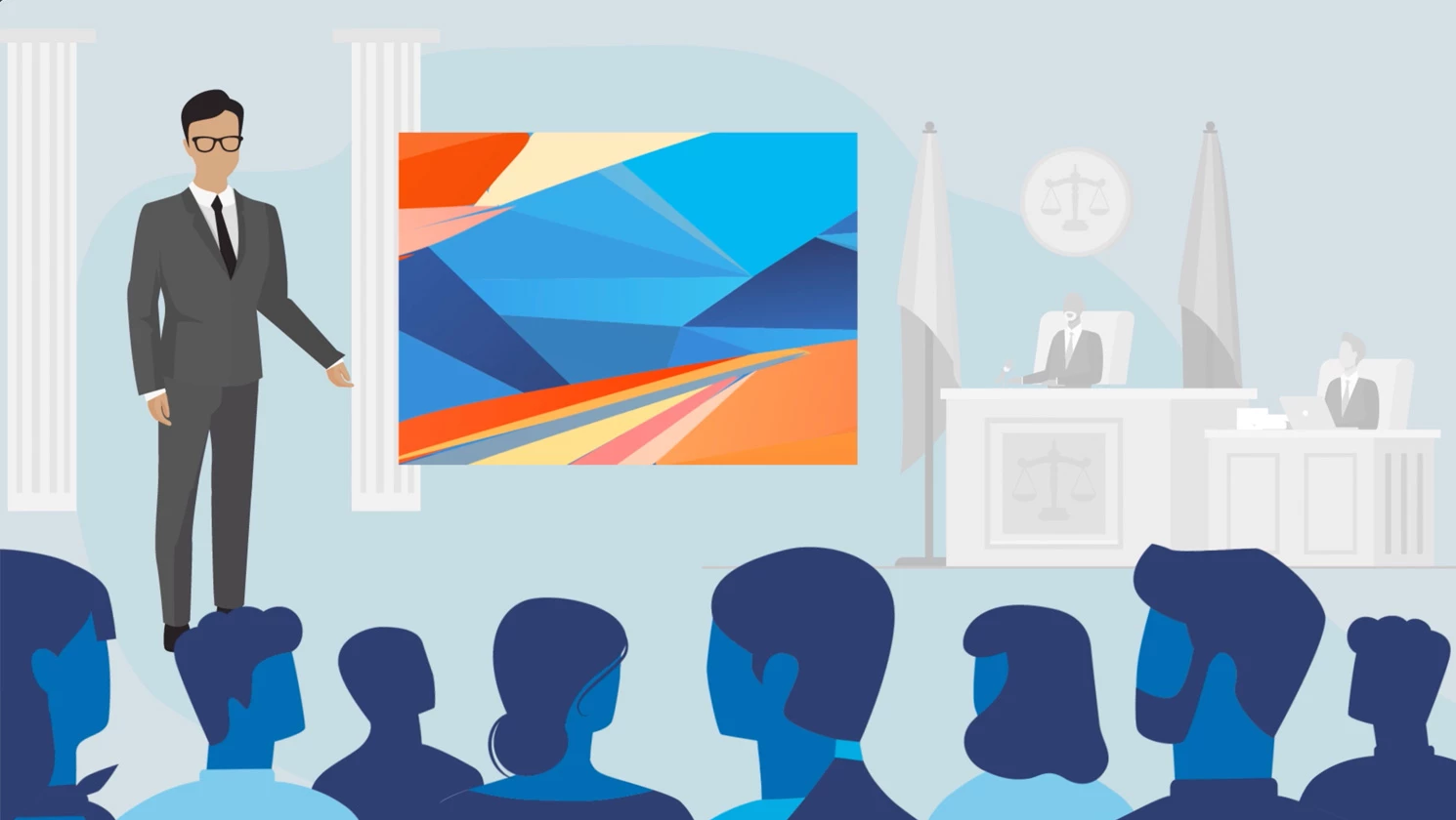 Illustration of a courtroom, lawyer presenting a graphic to the jury