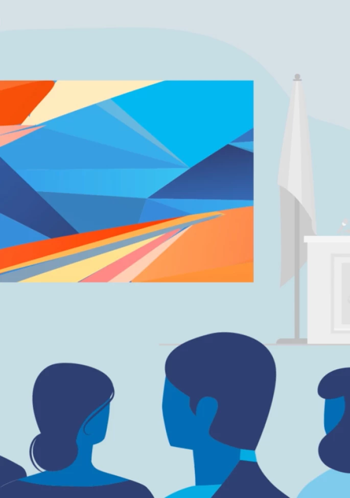 Illustration of a courtroom, lawyer presenting a graphic to the jury