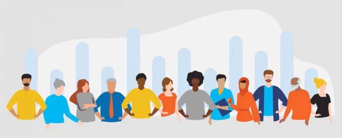 Illustration of a jury, various sexes and ethnicities