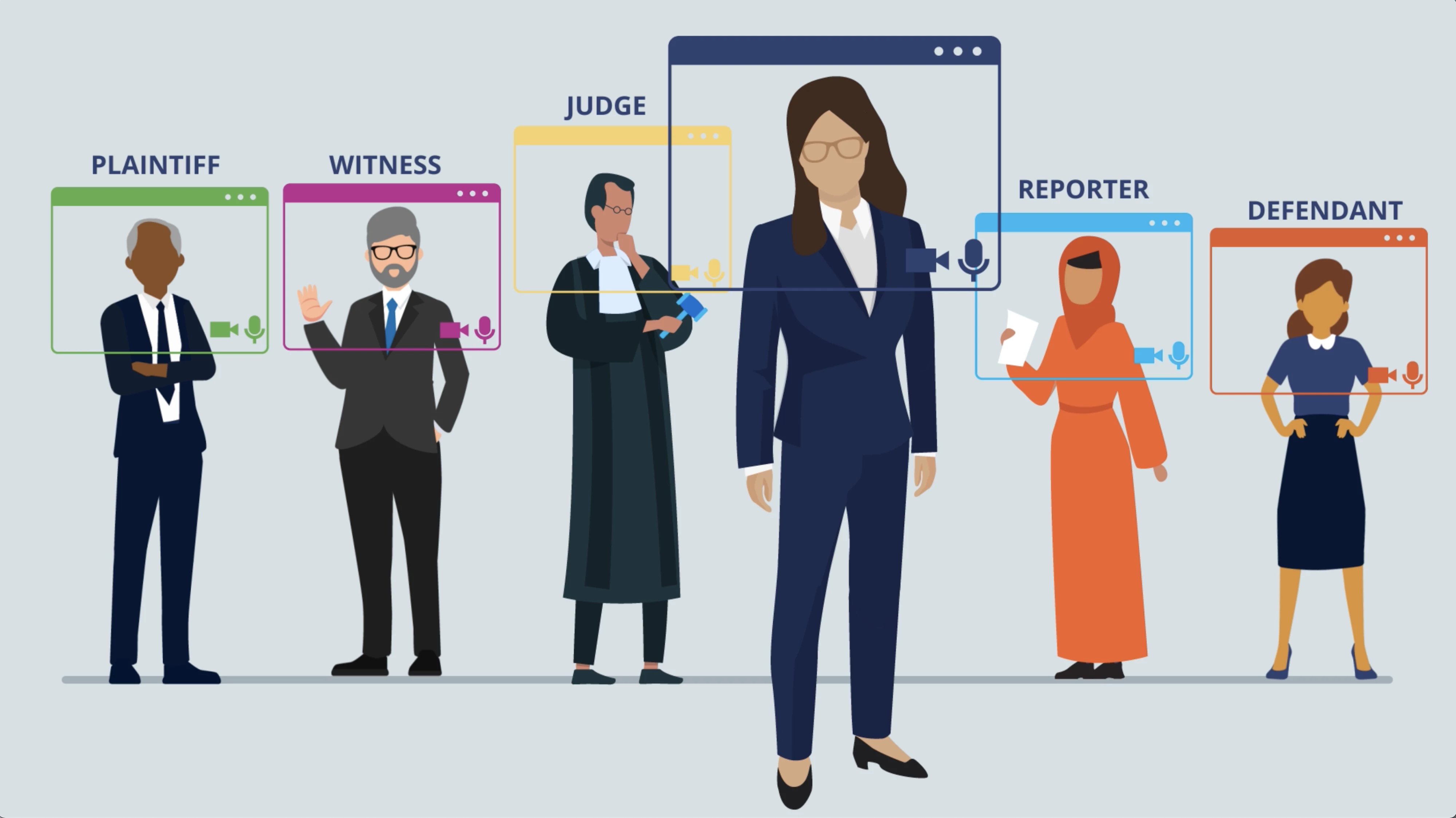 Screenshot of TrialLink animated video short showing female attorney surrounded by members of the court