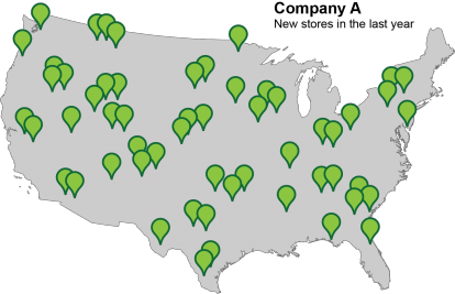 Image of a silhouette of the United States with location icons in green.