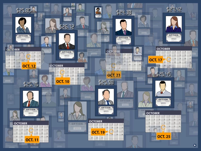 A calendar displaying numerous business people, representing different roles and activities scheduled for the month in Boston, LA & Chicago