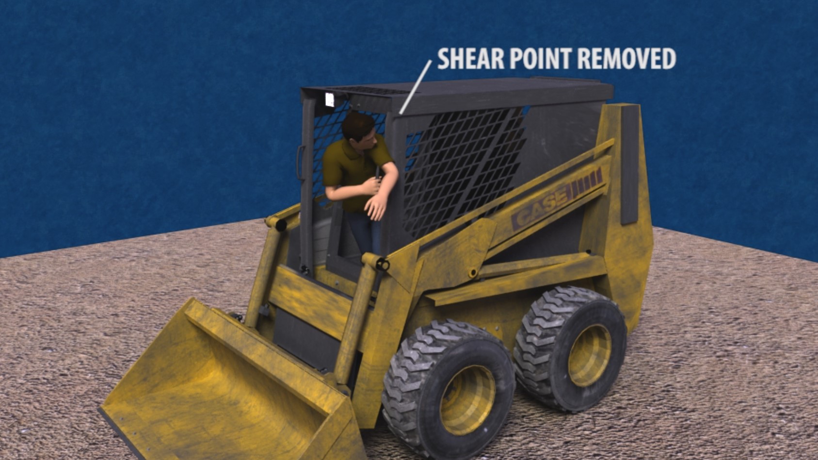 Still frame from an animation of a man operating a construction vehicle displaying the "shear point removed" for a product liability case
