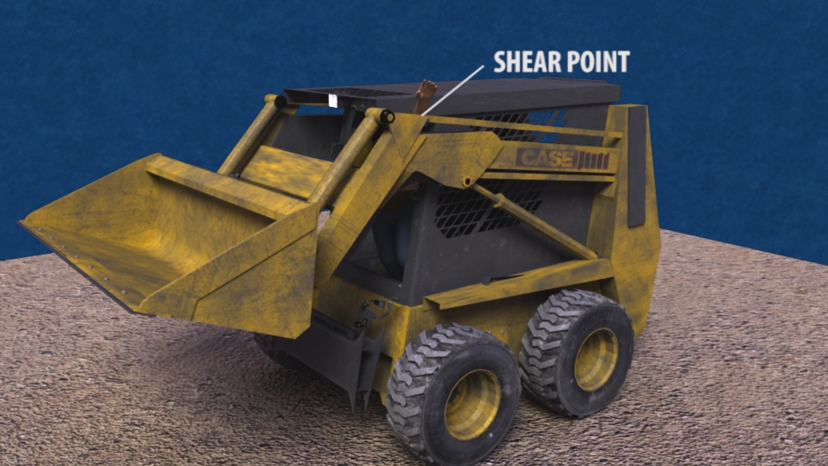Still frame from an animation of a construction vehicle displaying the "shear point" for a product liability case