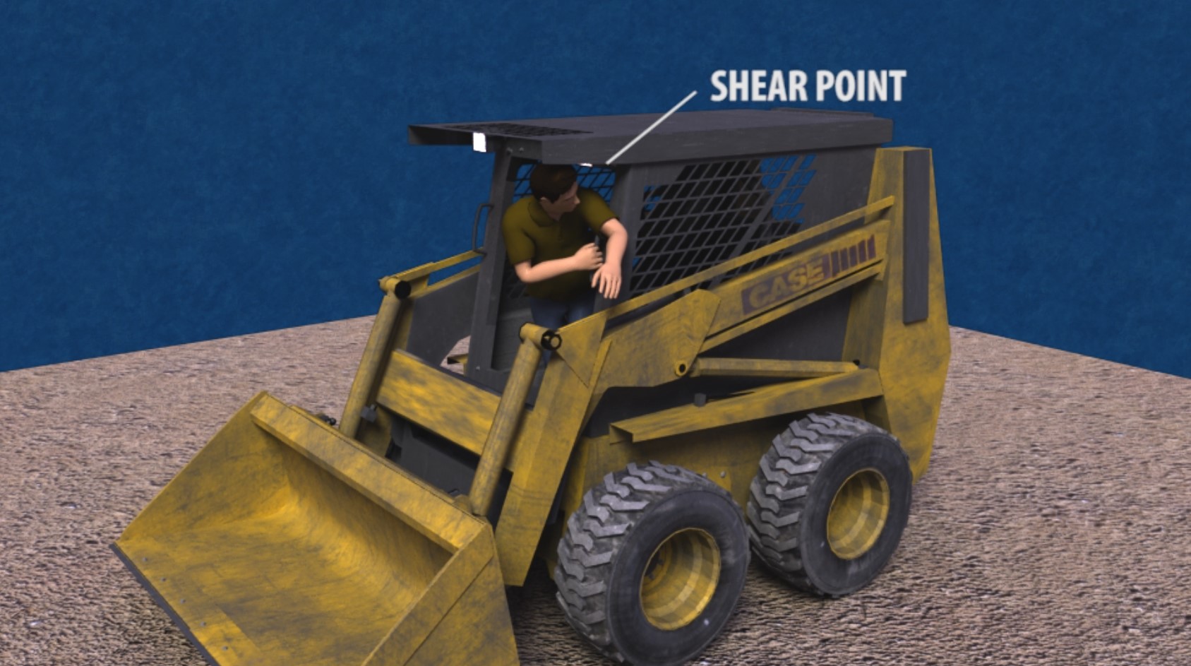 Still frame from an animation of a man operating a construction vehicle displaying the "shear point" for a product liability case