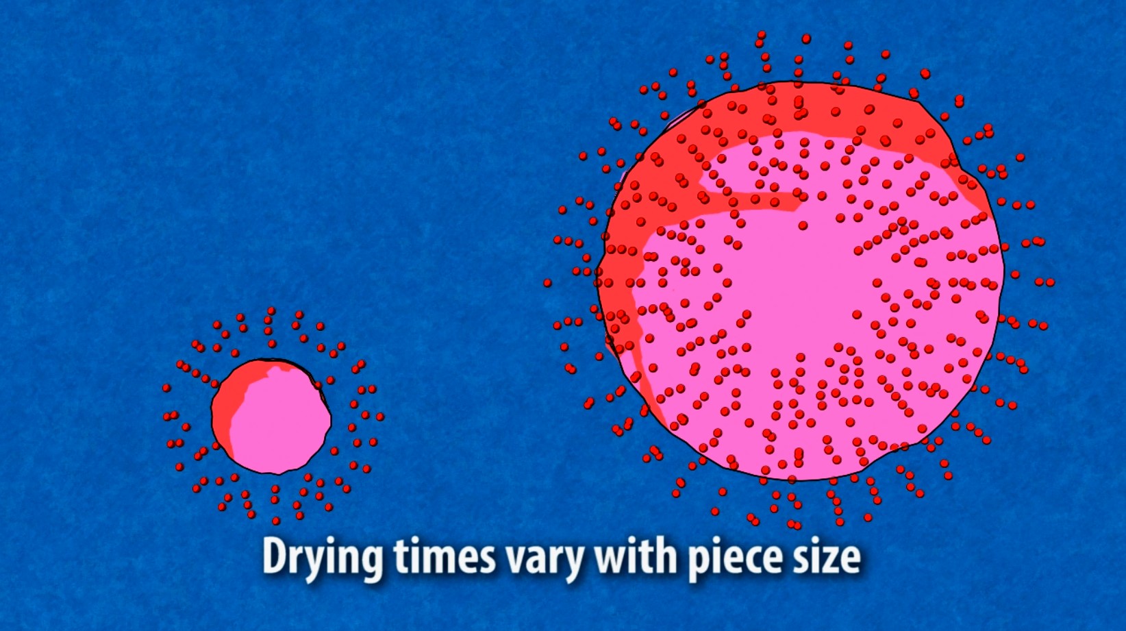 Still frame of an animation showing how drying times vary by piece size in a chemical process