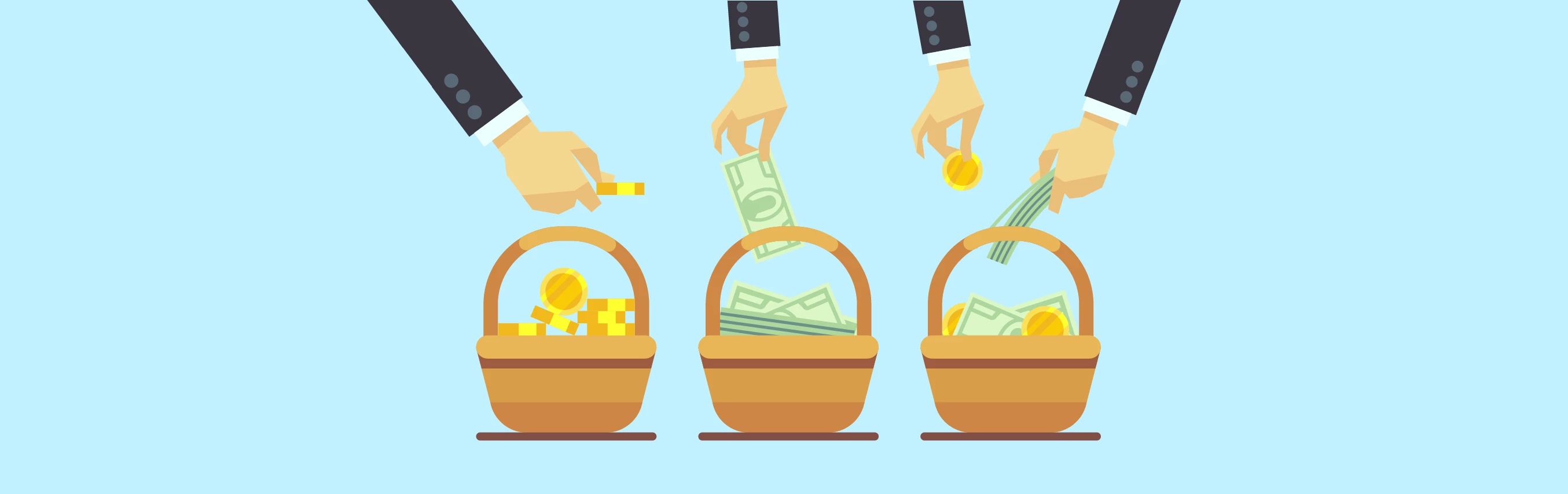 Horizontal Clipart Image of hands putting money in a basket